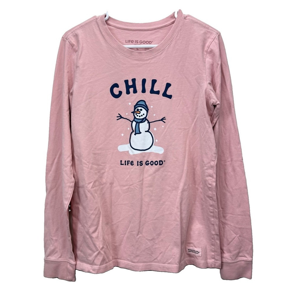 Life is Good Pink Snowman Chill Crew Neck Long Sleeve Crusher‎ Tee LARGE